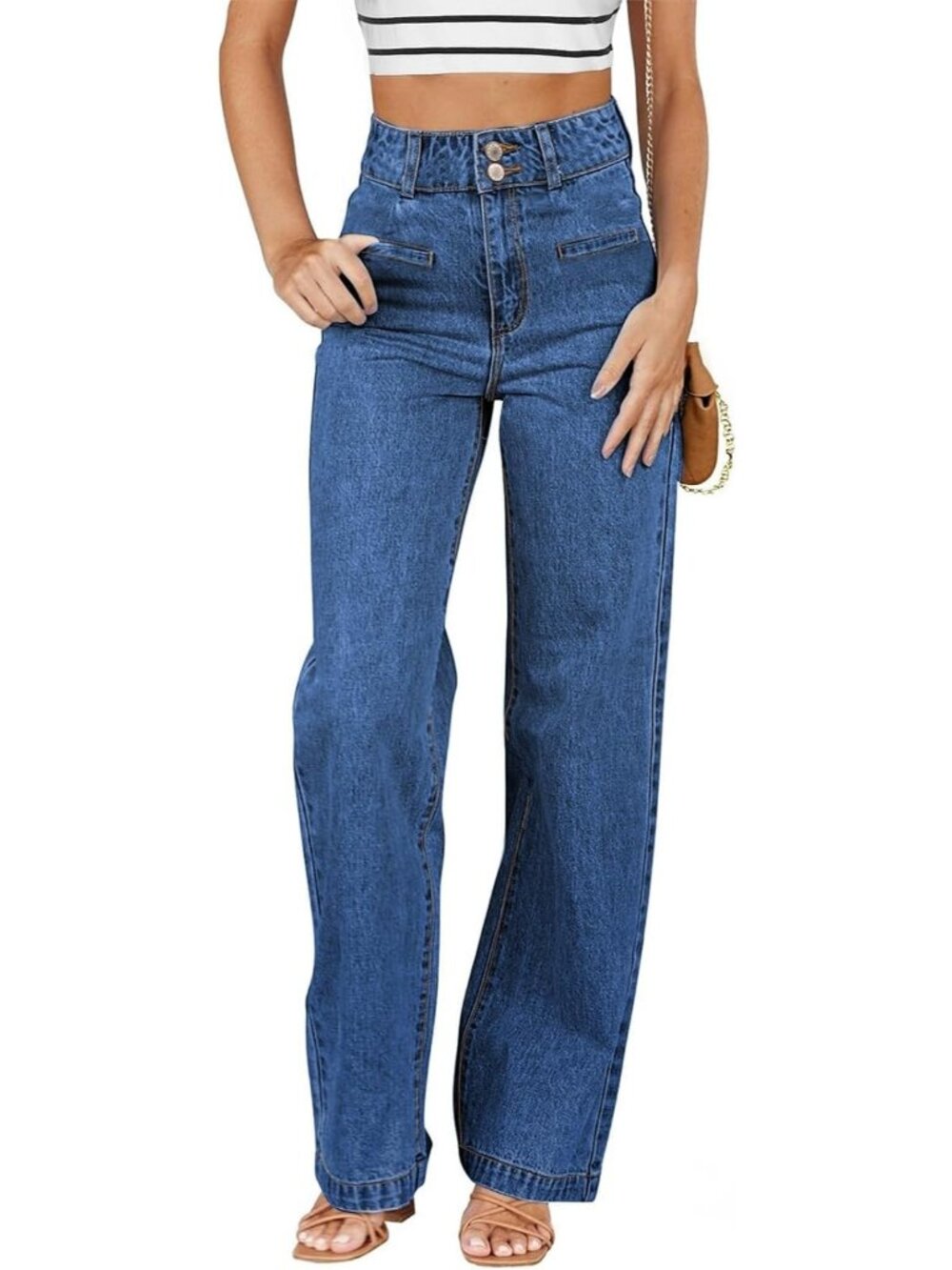 Women's Bluing High Waisted Dual Button Closure Full Length Leg Jean With Pocket
